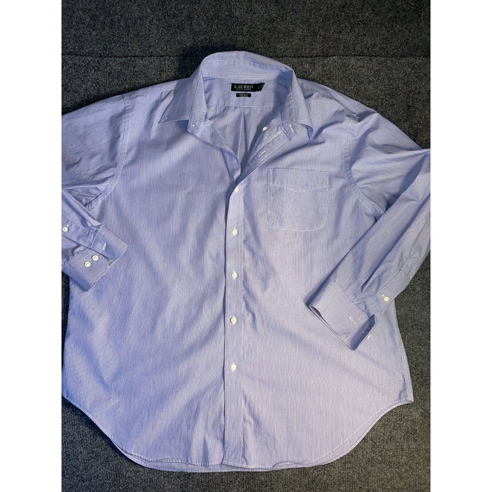 Lauren Ralph Lauren Dress Shirt Men's 18 Blue White Striped Non Iron Classic Fit